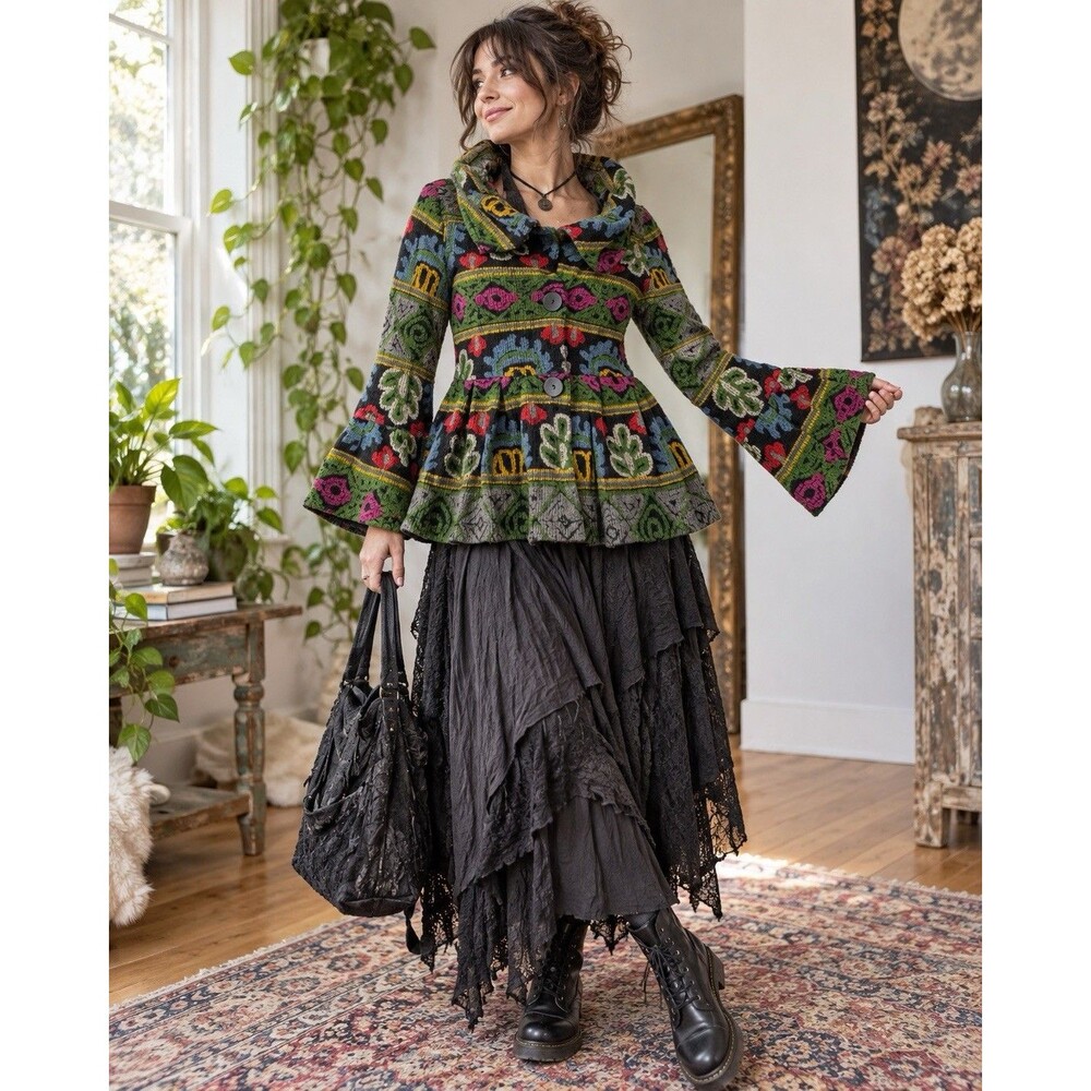 Vintage 90s Damee Inc W S Art to Wear Bell Sleeve Tapestry Swing Jacket